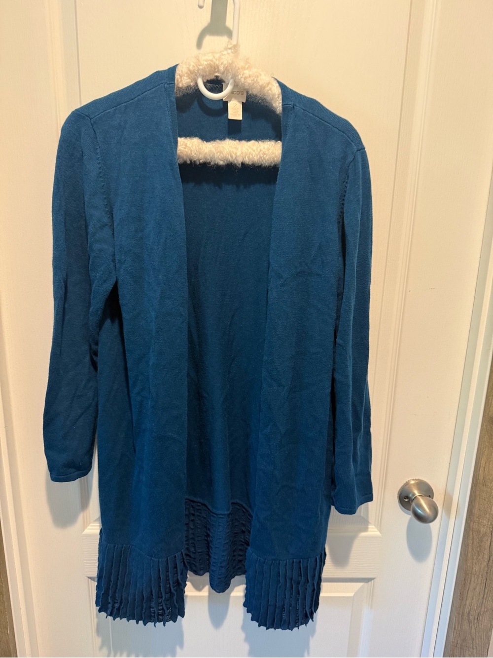 Women’s Open-Front Blue/teal Cardigan with Pleated Hem